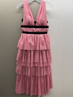 Tiered Pink V-Neck Midi Dress with Black Waistband